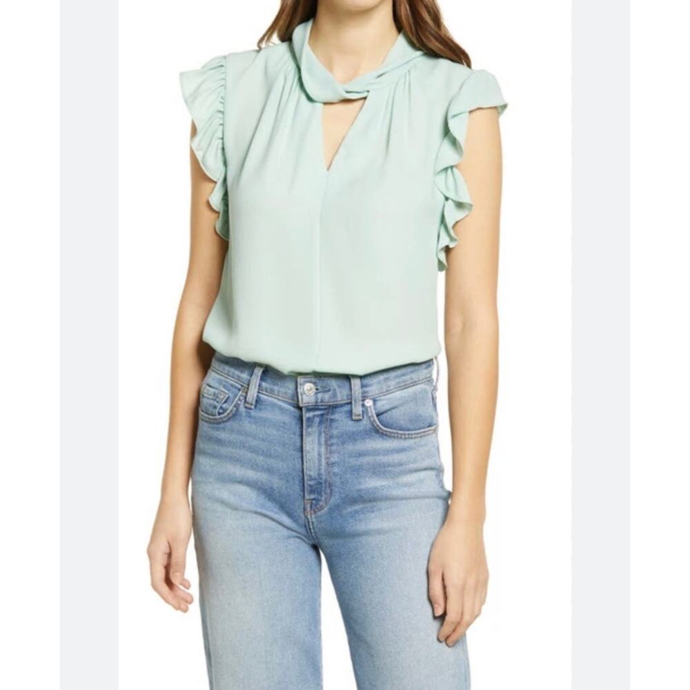 Halogen Twist Neck Sleeveless Top Womens S Mint Green Keyhole Ruffle Back Zipper